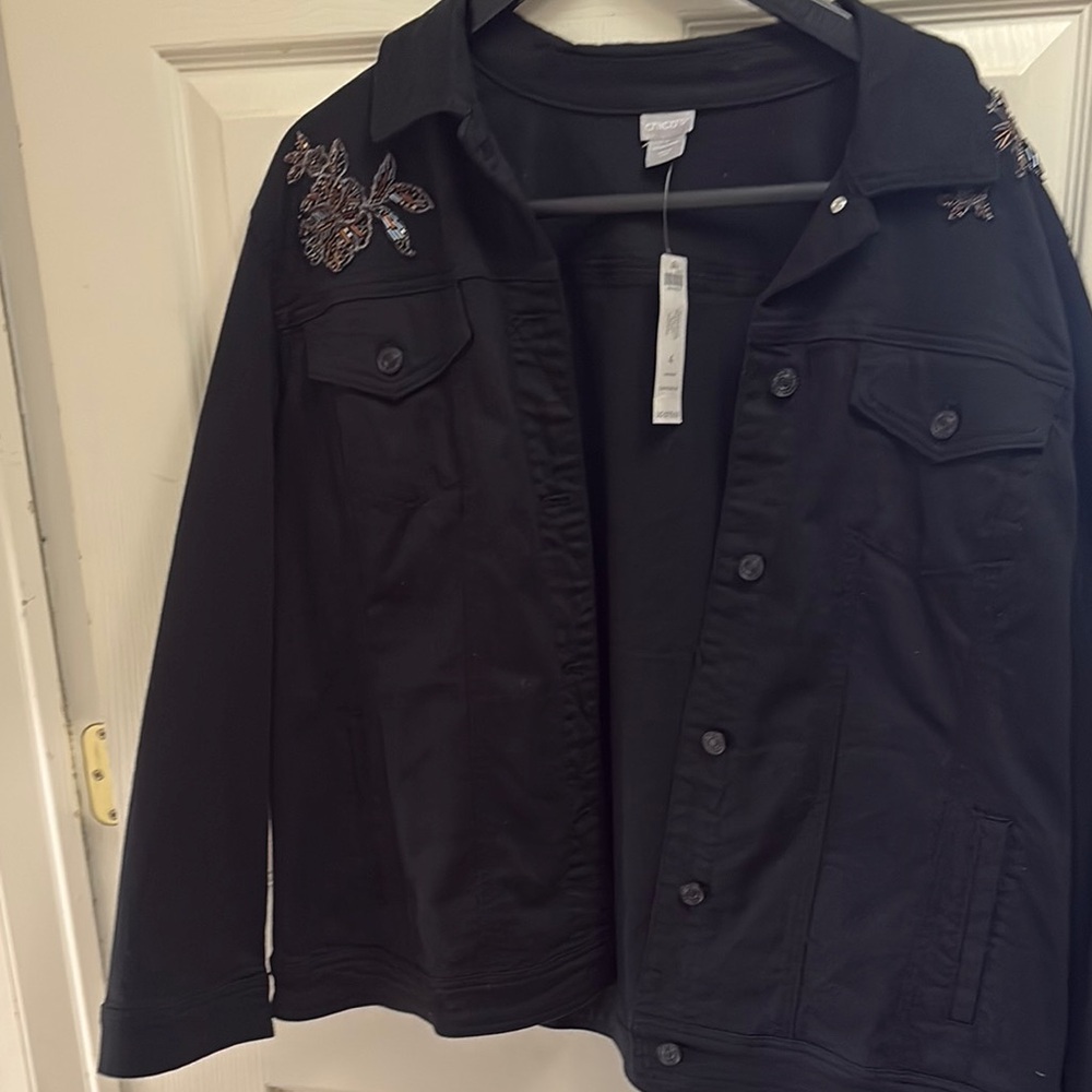 Chico's Black Embroidered Jean Jacket